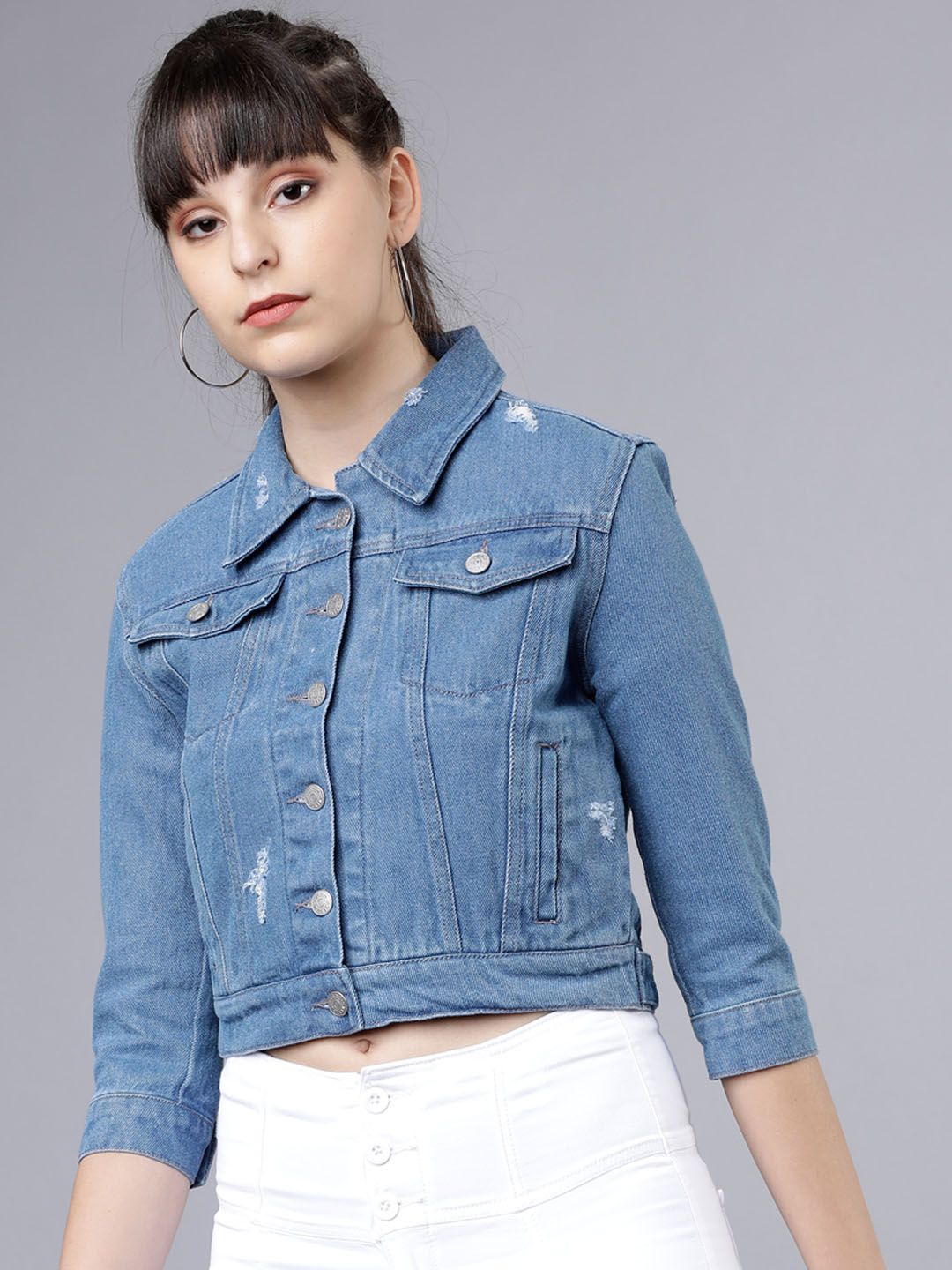 Tokyo Talkies Women Blue Solid Denim Jacket Price in India