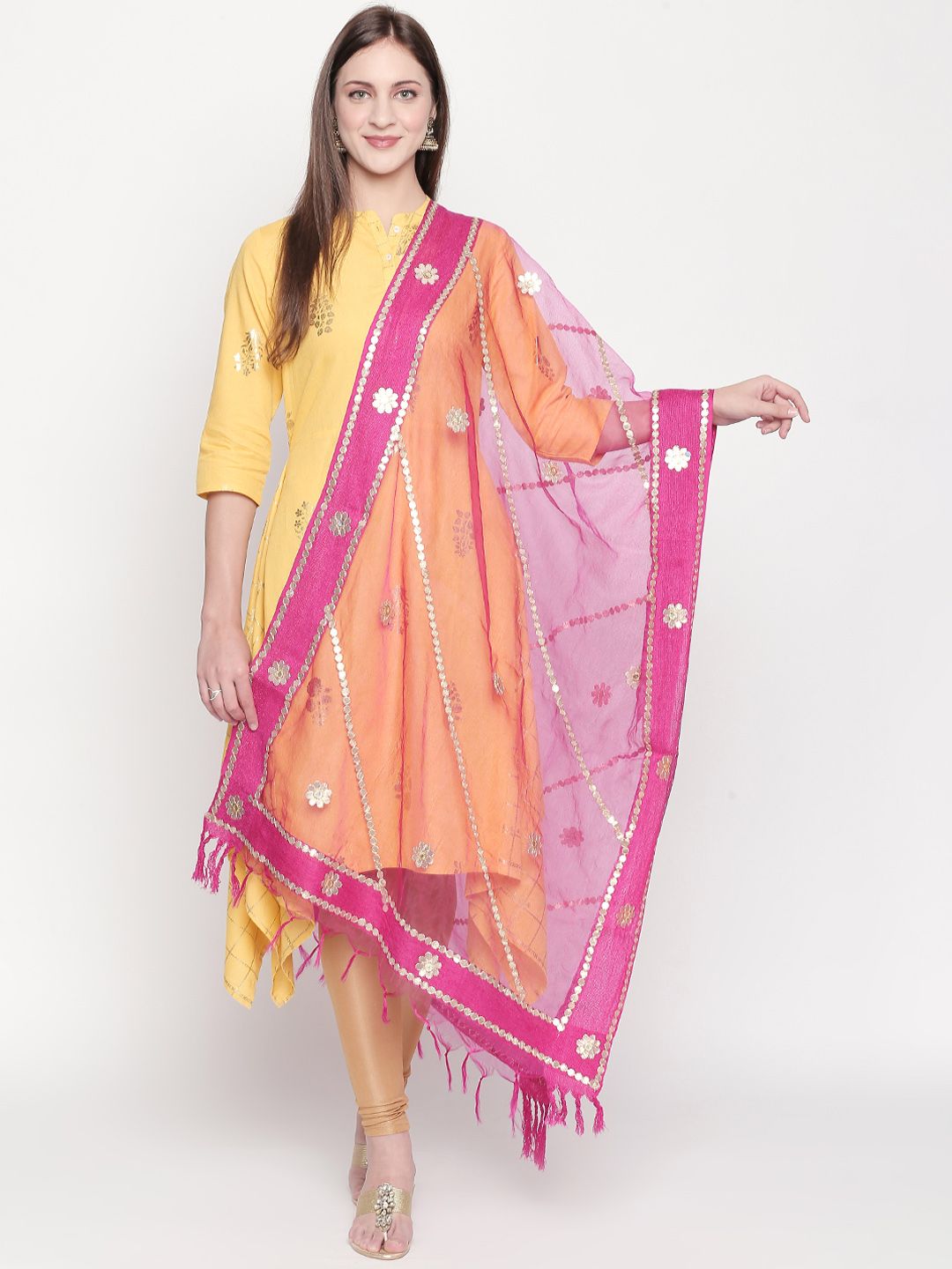 Dupatta Bazaar Pink & Gold-Toned Embroidered Dupatta with Gotta Patti Work Price in India