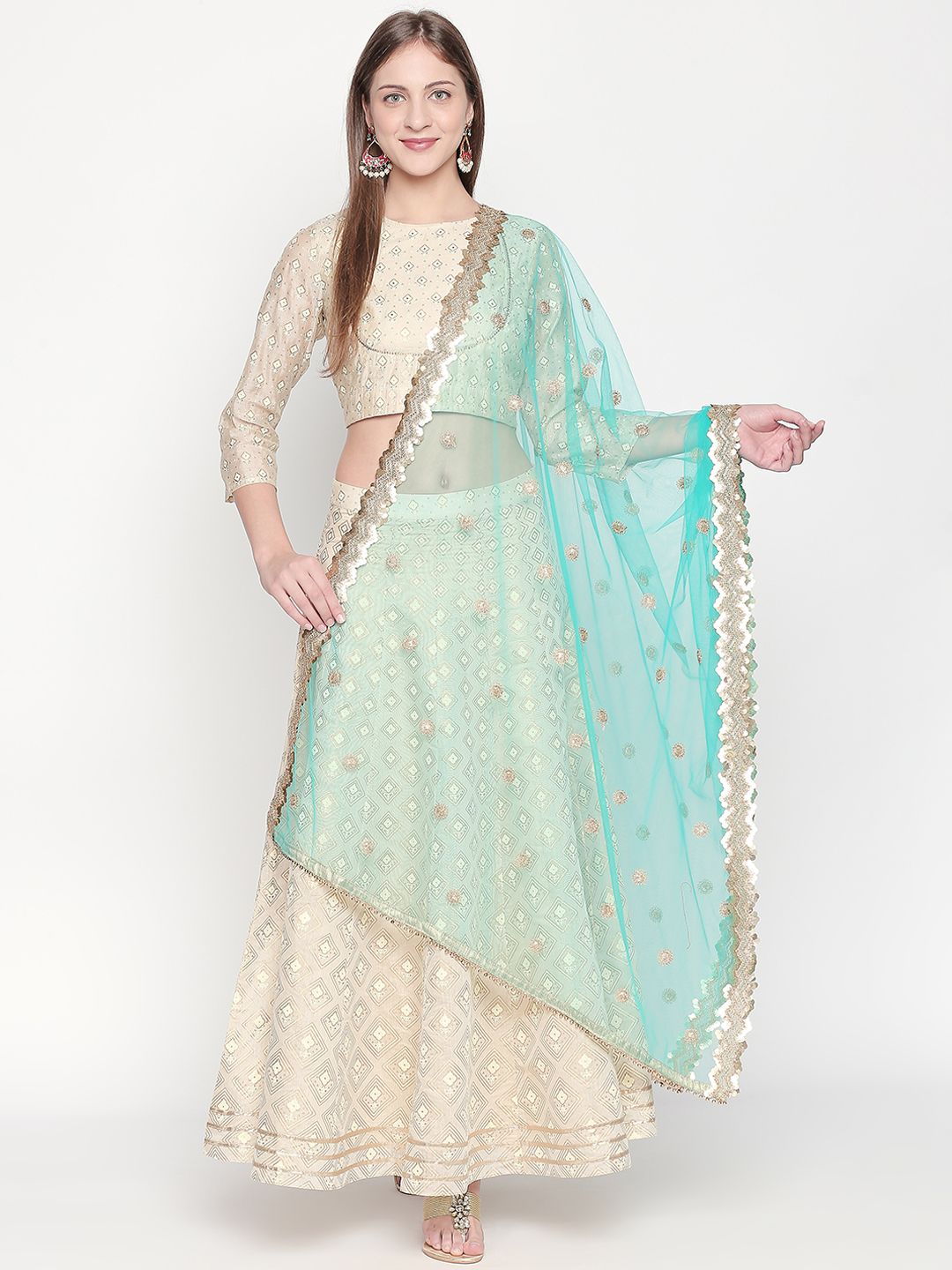 Dupatta Bazaar Women Sea Green & Gold-Coloured Zardozi Embroidered Dupatta Price in India