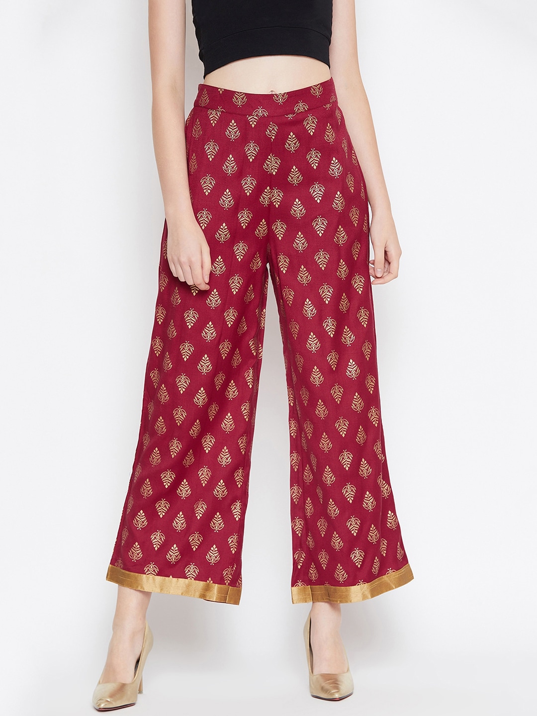 PANIT Women Maroon & Gold-Coloured Printed Wide Leg Cropped Palazzos Price in India