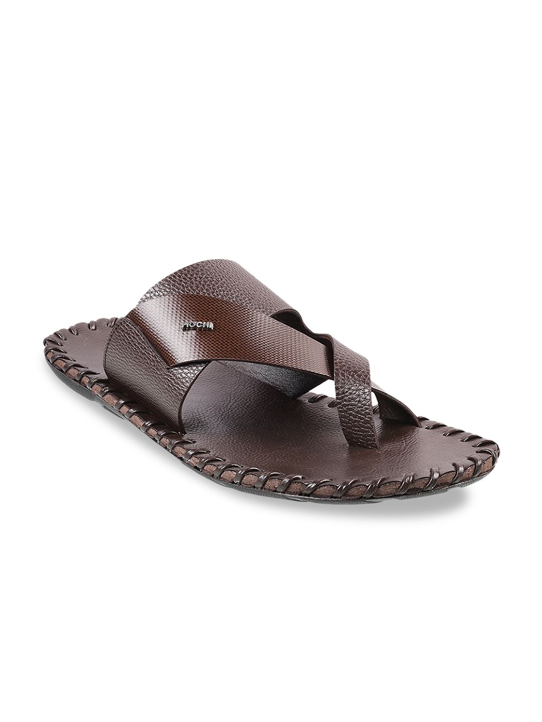 Mochi Men Brown Solid Leather Comfort Sandals