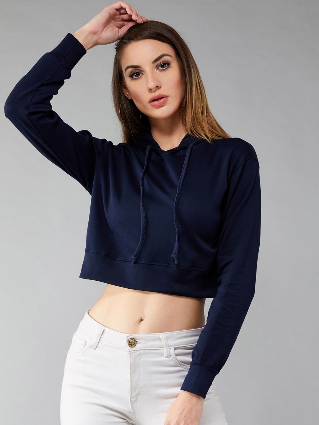 DOLCE CRUDO Women Navy Blue Solid Hooded Crop Sweatshirt Price in India