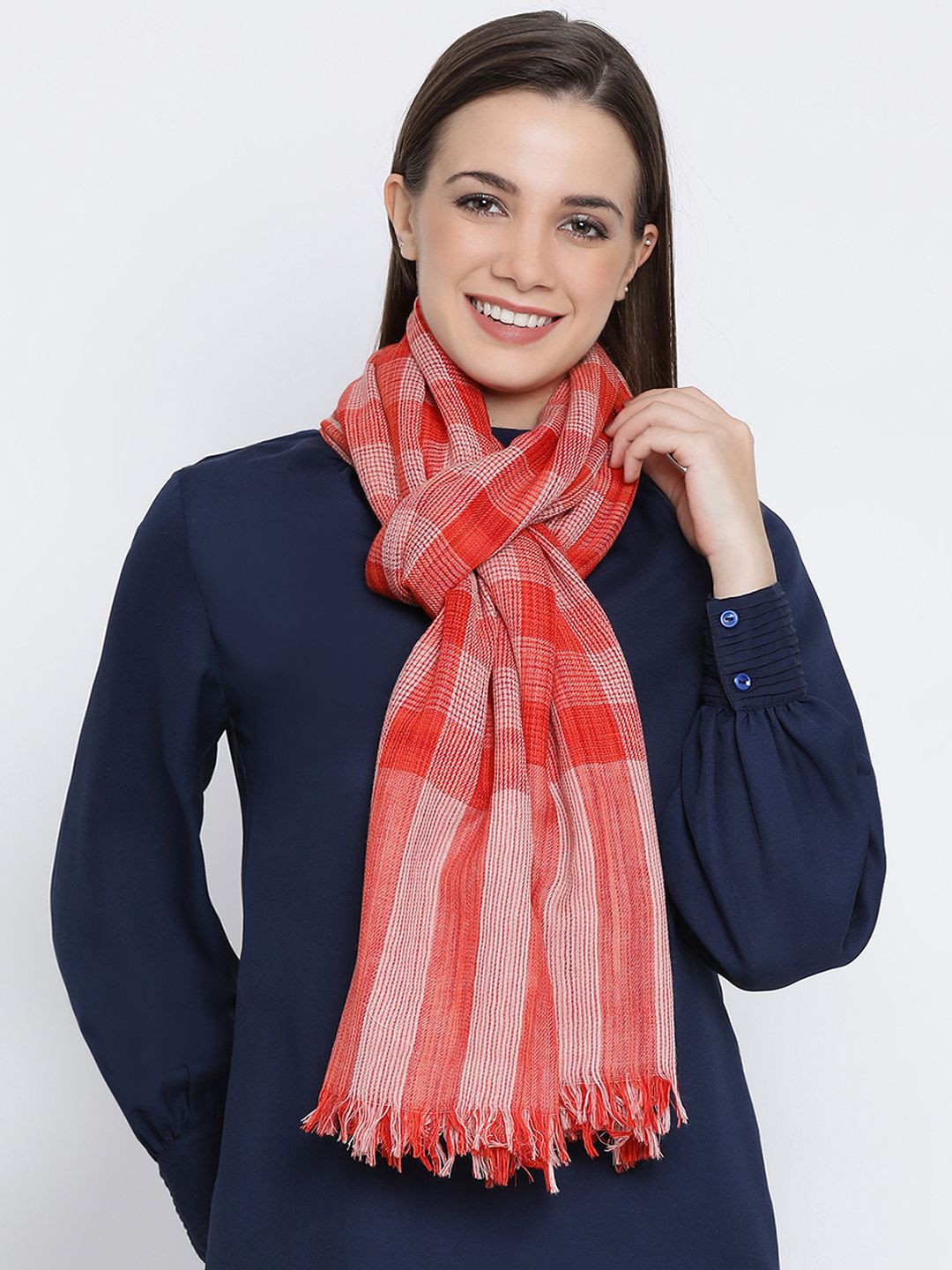 SHINGORA Women Orange & Off-White Checked Woolen Sustainable Shawl Price in India