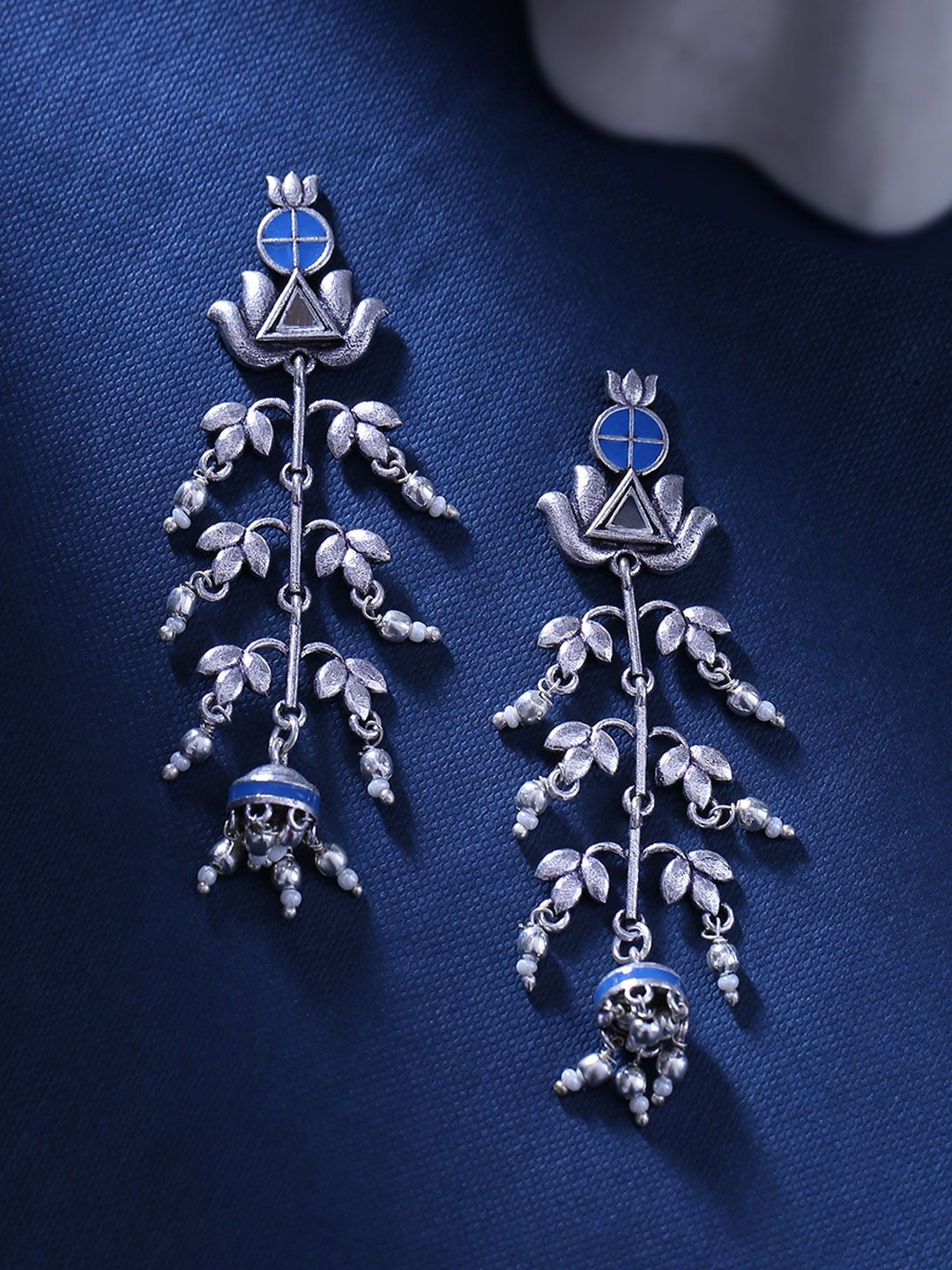 Studio Voylla Silver-Plated & Blue Contemporary Oxidised Drop Earrings Price in India