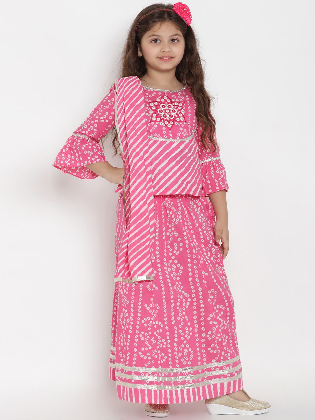 Bitiya by Bhama Girls Pink & White Printed Ready to Wear Lehenga & Blouse with Dupatta Price in India