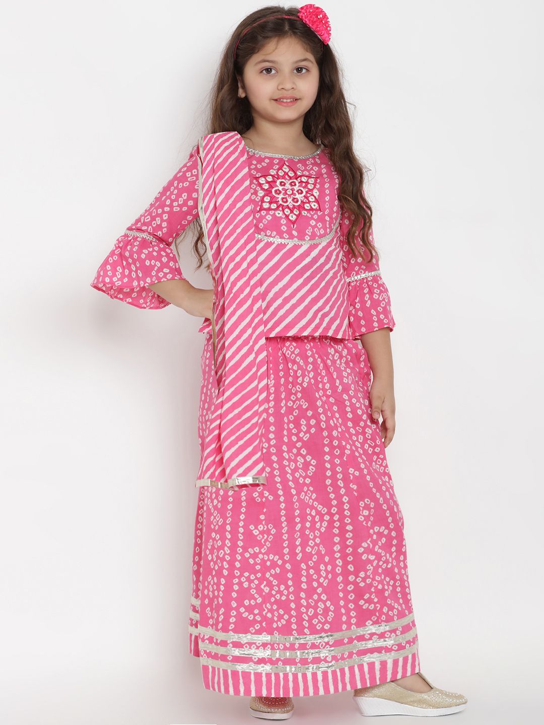 Bitiya by Bhama Girls Pink & White Printed Ready to Wear Lehenga & Blouse with Dupatta