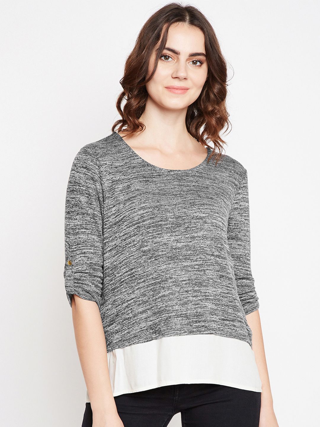 Taanz Women Grey & Off-White Colourblocked Layered Pullover Sweater Price in India
