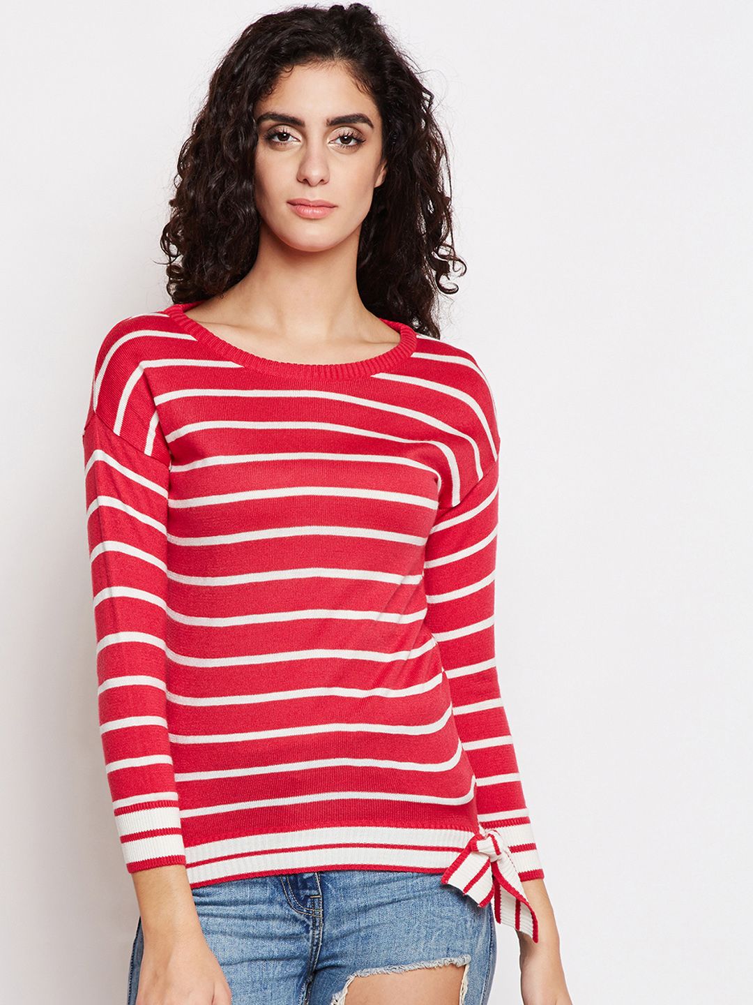 Taanz Women Red & White Striped Pullover Sweater Price in India