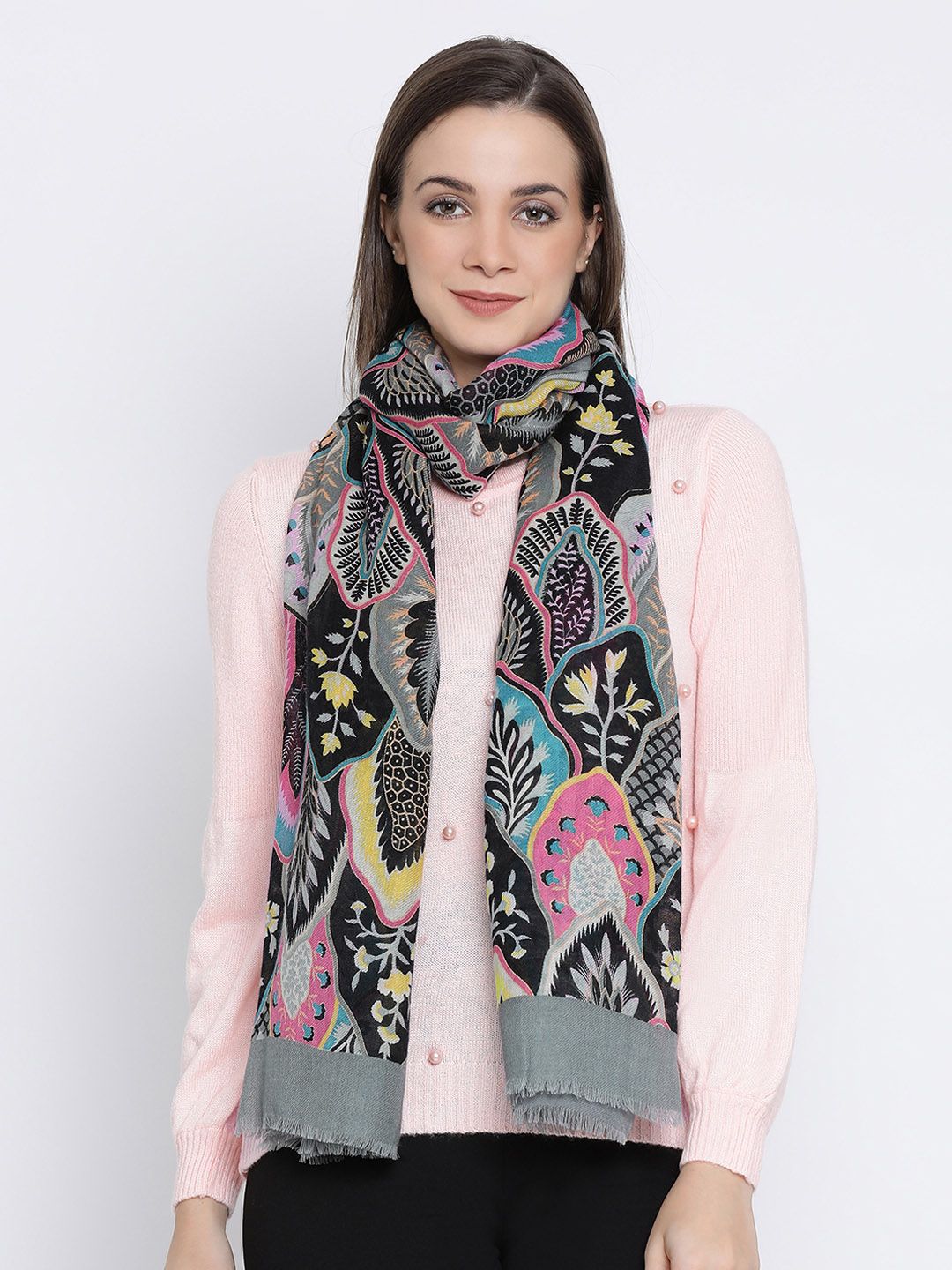 SHINGORA Women Grey & Black Printed Woolen Shawl