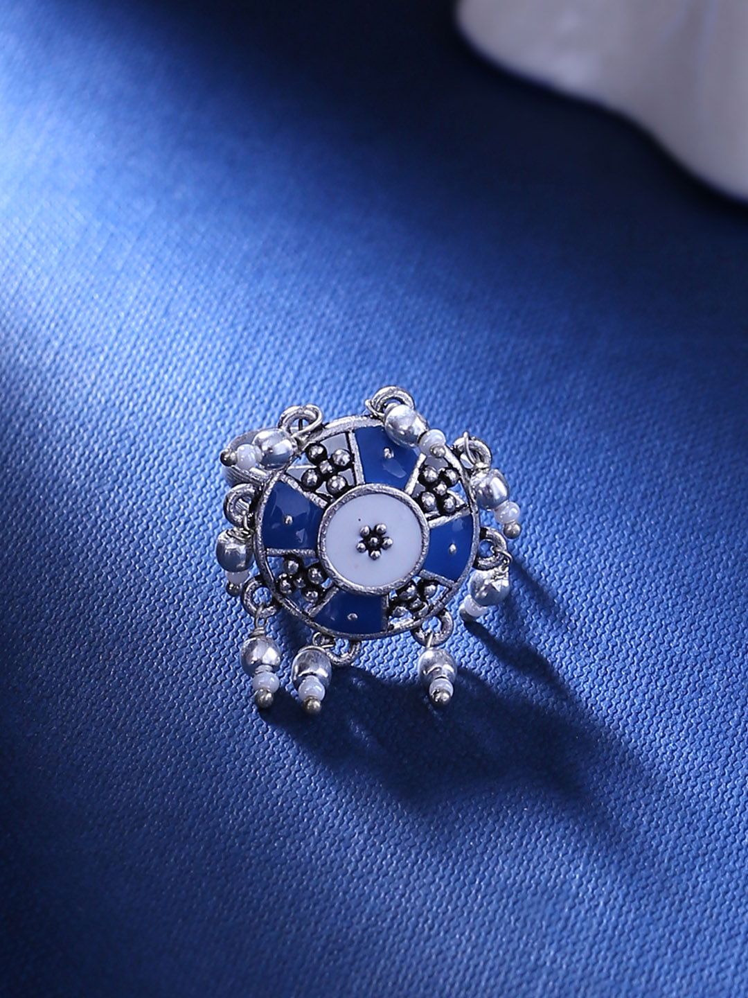 Studio Voylla Women Silver-Plated & Blue Circular Shaped Finger Ring Price in India