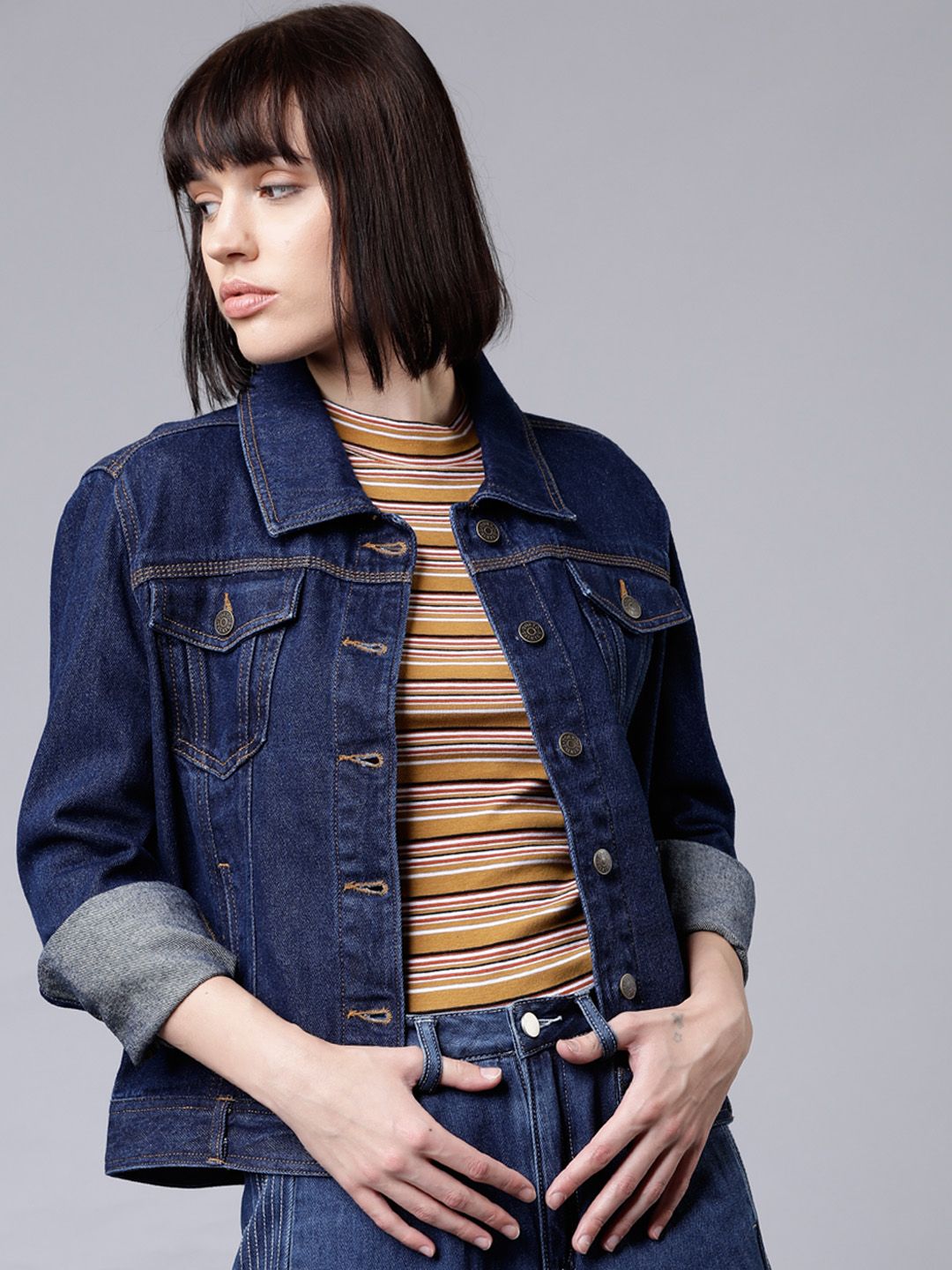 Tokyo Talkies Women Blue Solid Denim Jacket Price in India