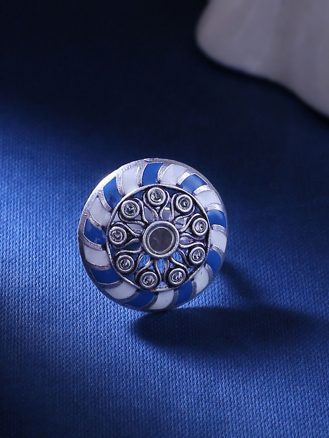 Studio Voylla Women Silver-Plated & Blue Circular Shaped Finger Ring Price in India