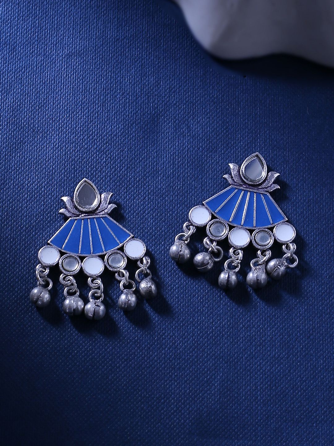 Studio Voylla Silver-Toned & Blue Contemporary Drop Earrings Price in India
