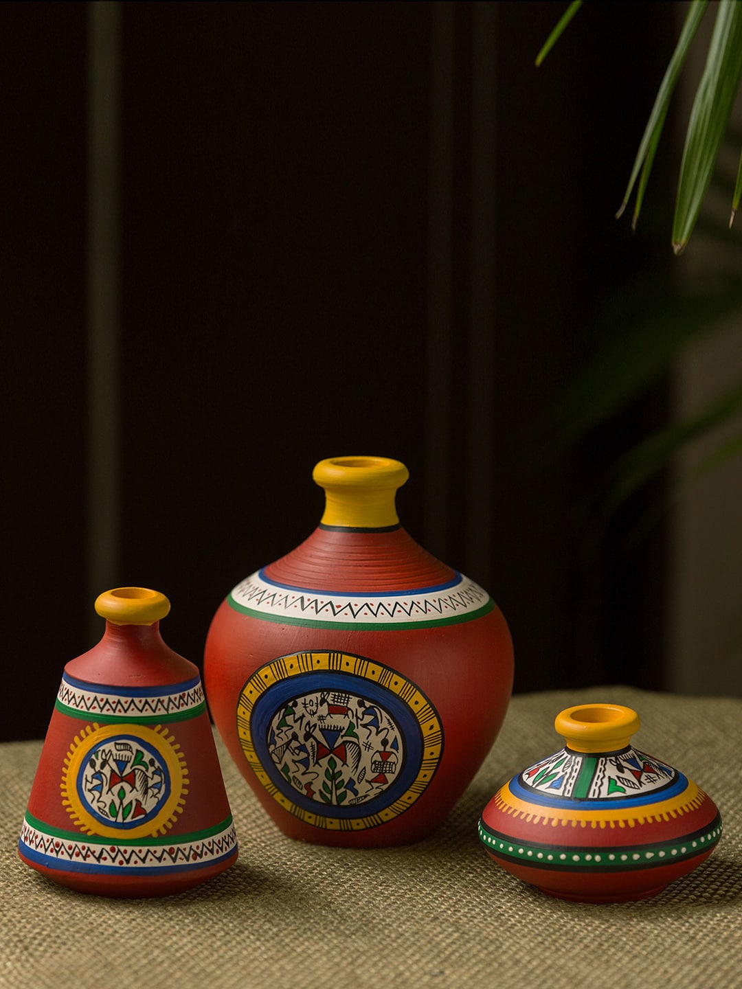 ExclusiveLane Set of 3 Red Warli Hand-Painted Warli Red Matkis Terracotta Vases Price in India
