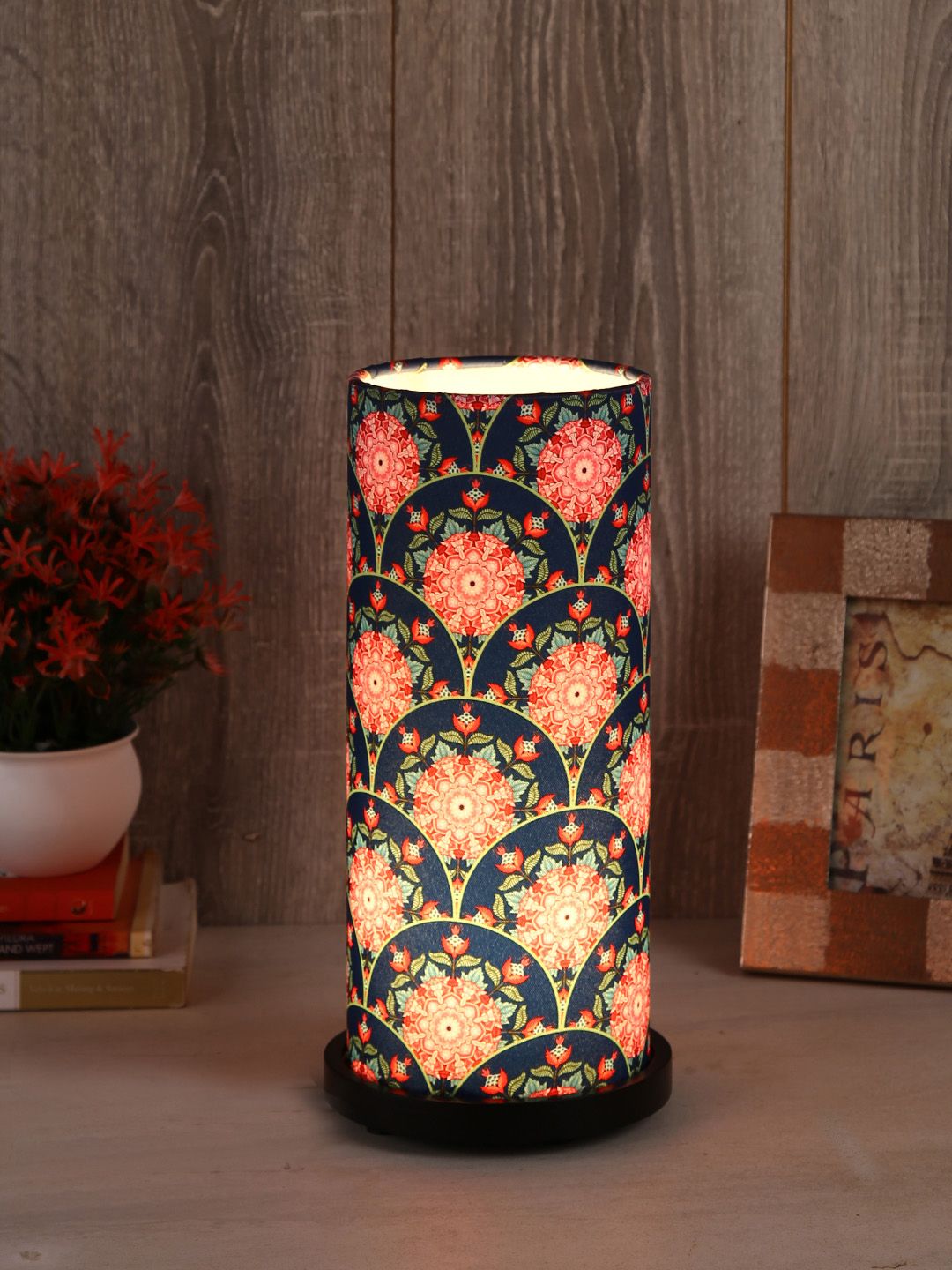 Reinvention Factory Navy Blue Scallop Printed Column Table Lamp Price in India