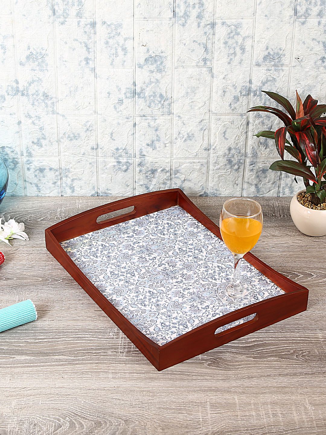 Reinvention Factory Brown & Blue Rectangle Printed Serving Trays Price in India