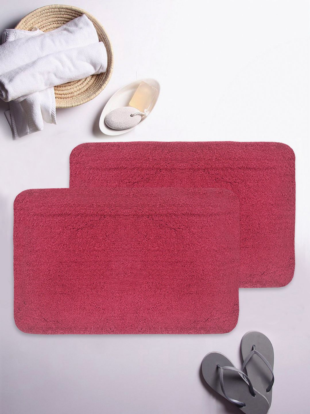 Bianca Set of 2 Red Solid Anti-Slip Bath Rugs Price in India