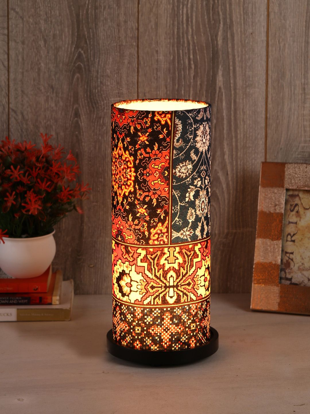 Reinvention Factory Maroon Printed Oriental Column Table Lamp Price in India