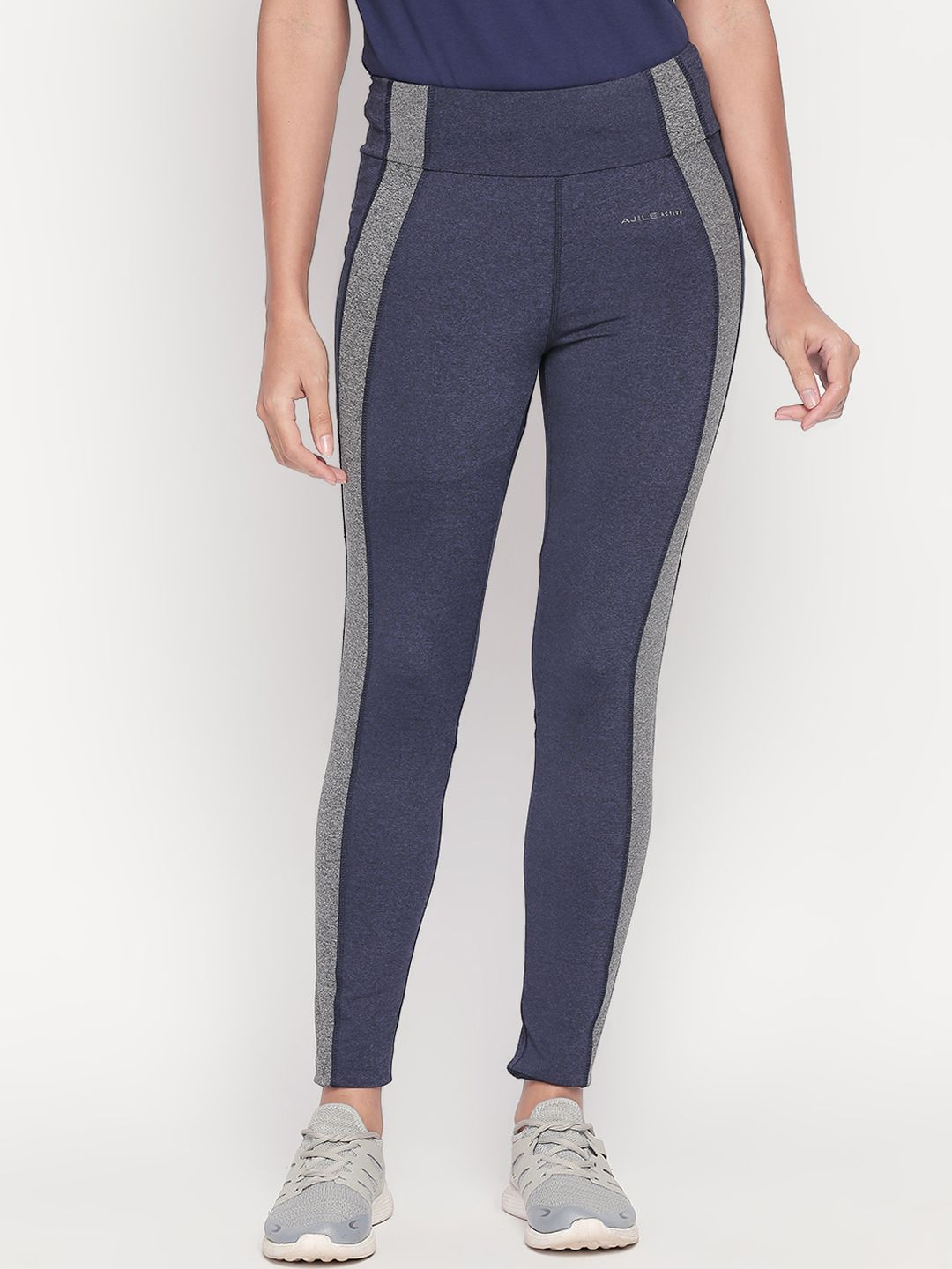 Ajile Women Navy Blue & Grey Colourblocked Slim Fit Track Pants Price in India