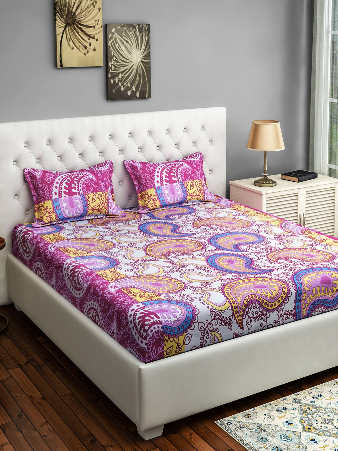 SWAYAM Multicoloured Ethnic Motifs 160 TC Cotton Double XL Bedsheet with 2 Pillow Covers Price in India