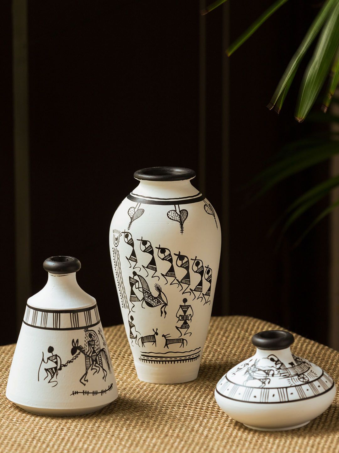 ExclusiveLane Set of 3 White Warli Hand-Painted Terracotta Vases Price in India