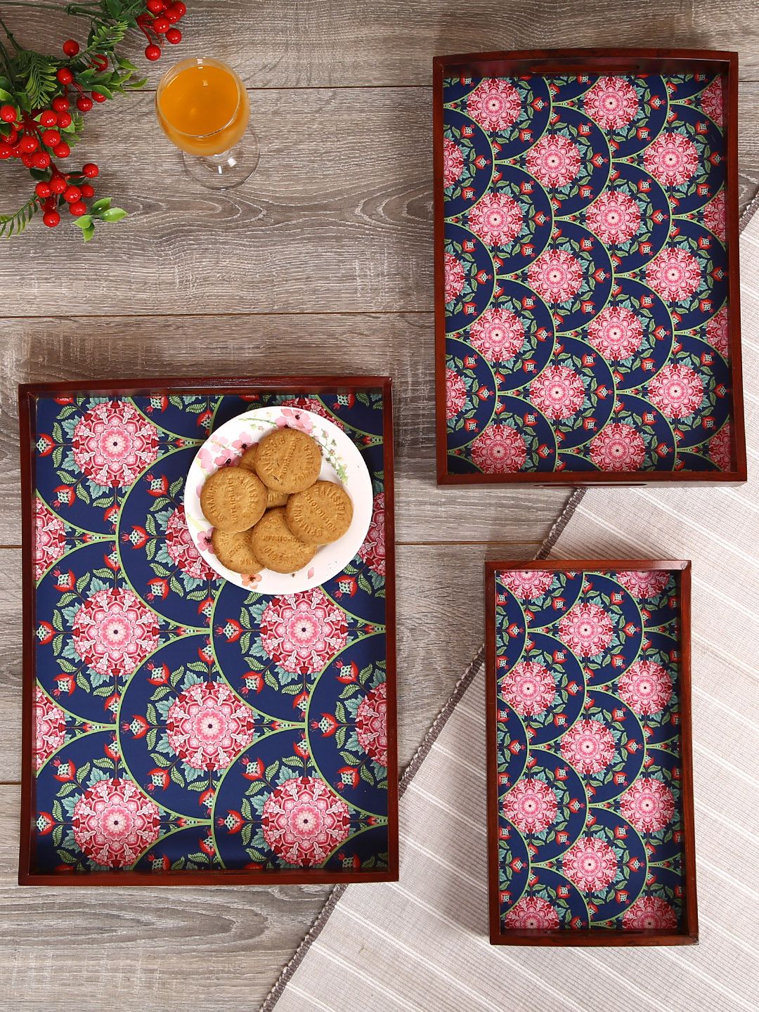 Reinvention Factory Set of Three Multicoloured Rectangle Printed Serving Trays Price in India