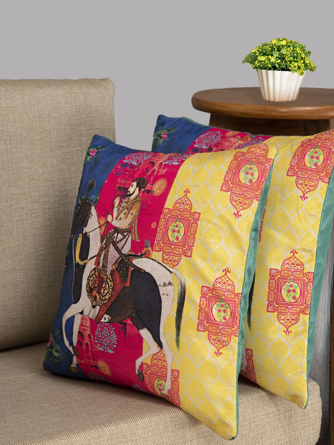 HOUZZCODE Yellow & Pink Set of 2 Ethnic Motifs Square Cushion Covers Price in India