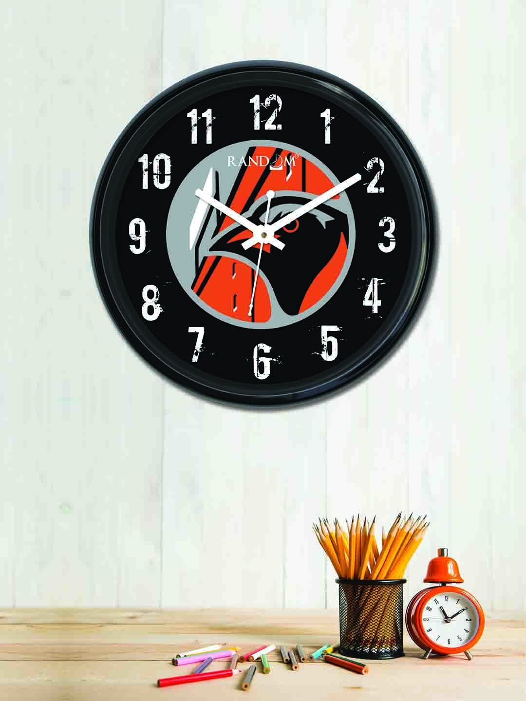 RANDOM Black & Orange Round Printed 30cm Analogue Wall Clock Price in India