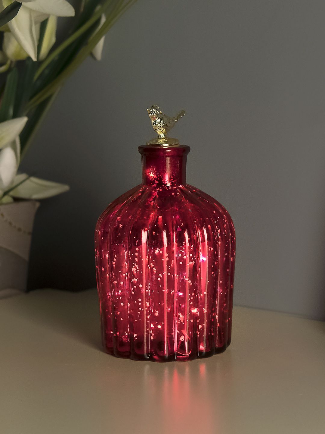 Homesake Red Printed Handcrafted Flat Base Bottle Lamp Price in India