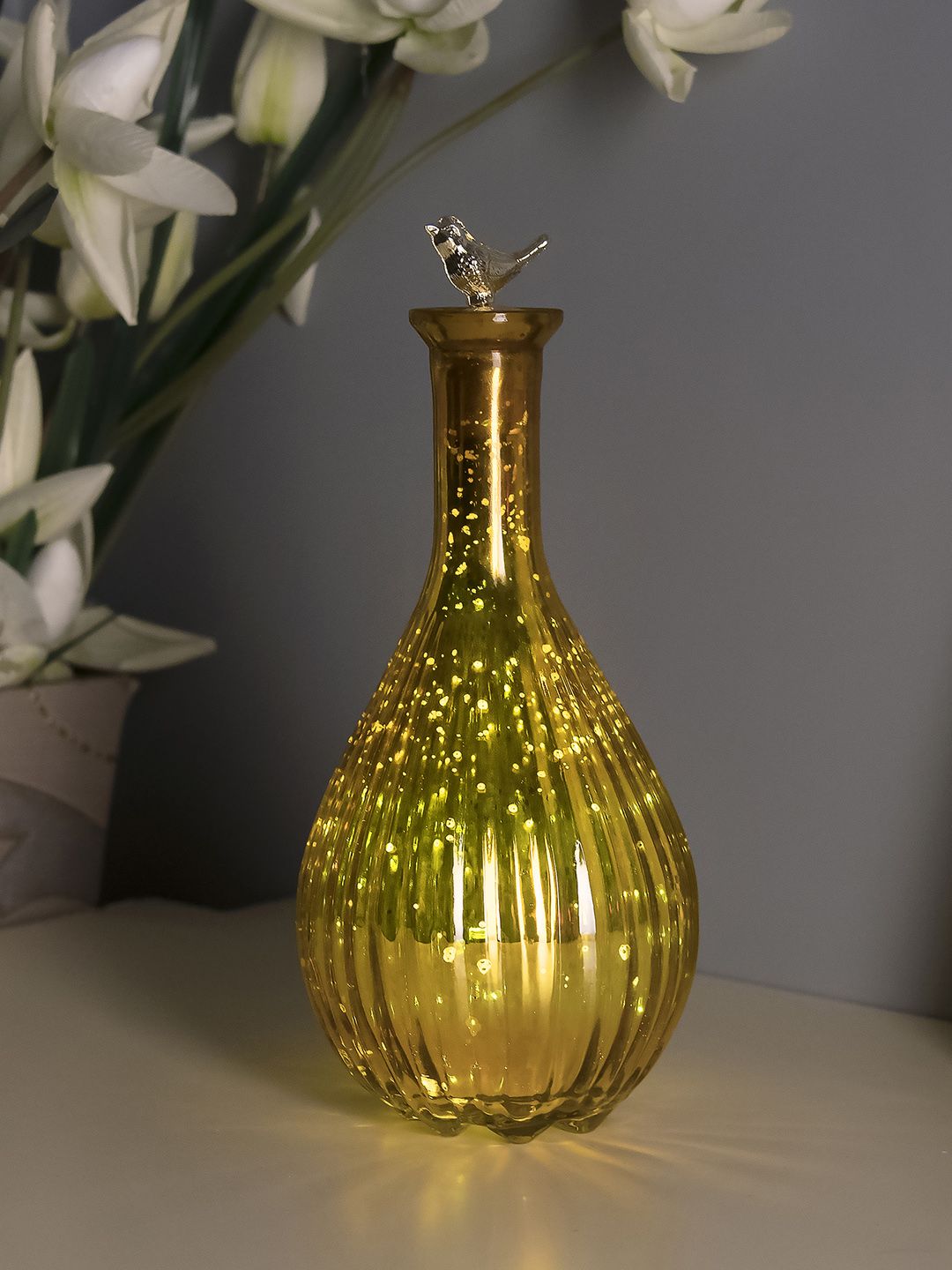 Homesake Gold-Toned Printed Handcrafted Ovoid Bottle Lamp Price in India