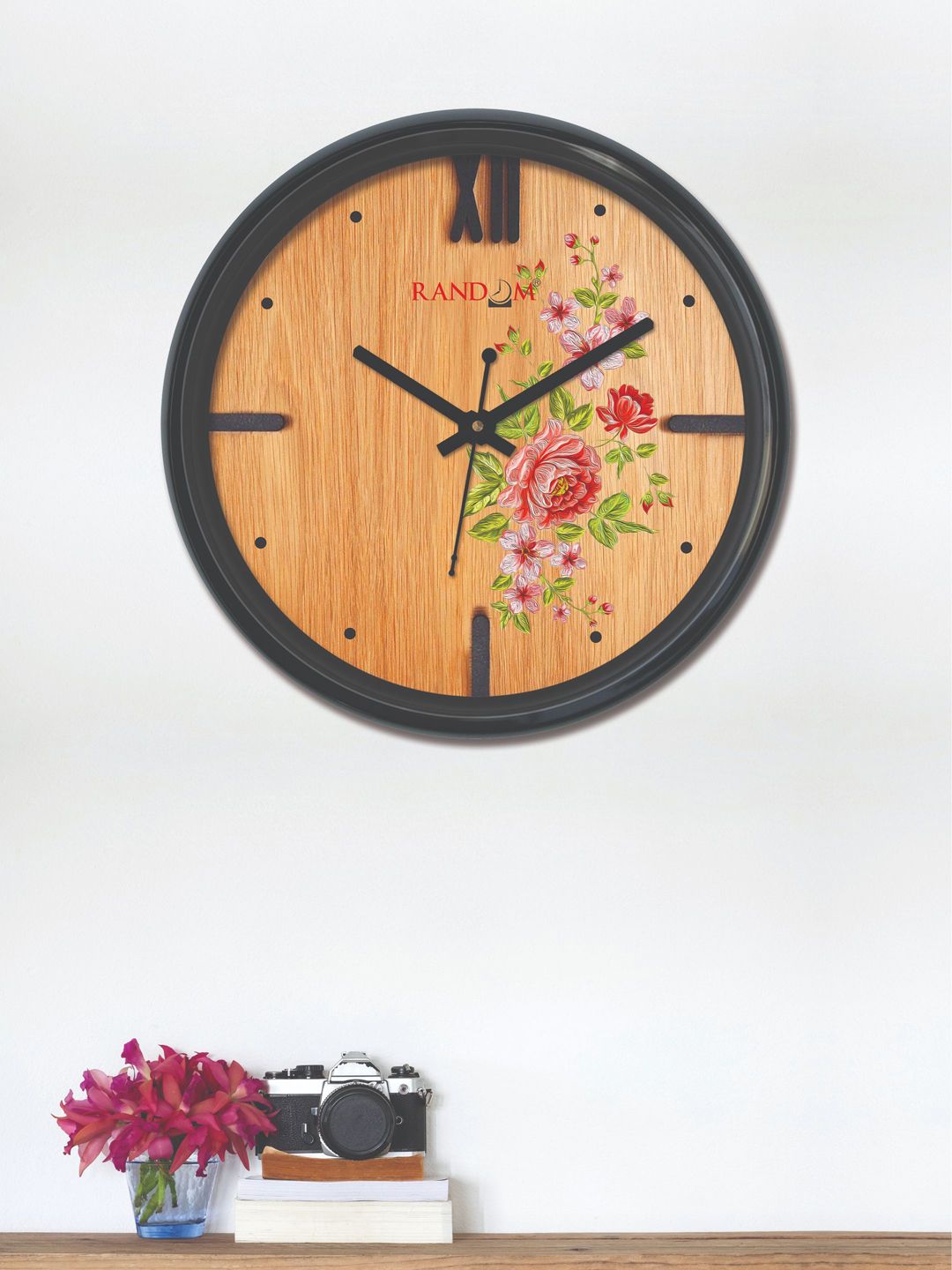RANDOM Black & Brown Round Printed 30 cm Analogue Wall Clock Price in India