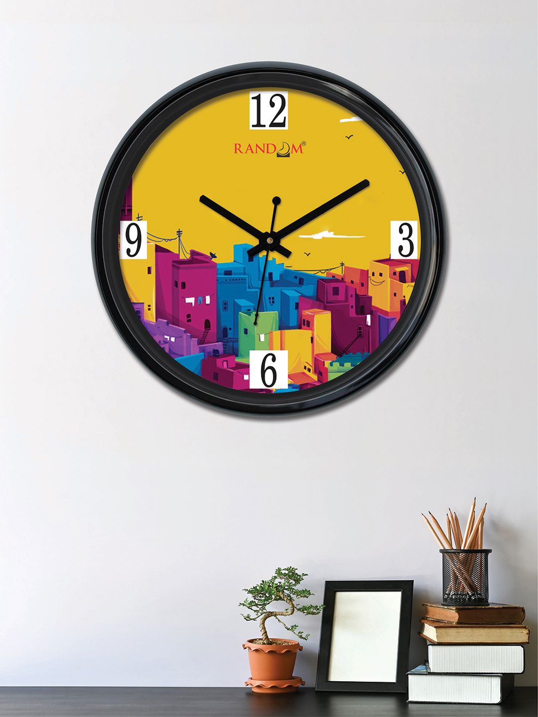 RANDOM Mustard Yellow & Blue Round Printed Analogue Wall Clock (30 x 30 x 5) Price in India