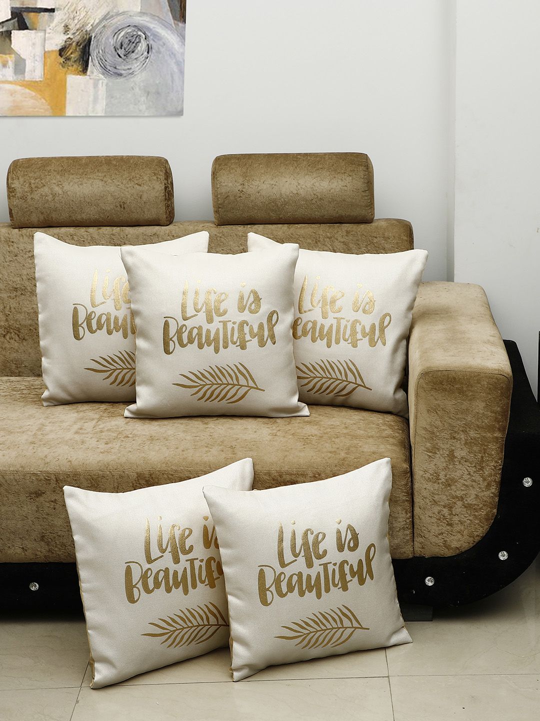 HOSTA HOMES Cream-Coloured Set of 5 Self Design Square Cushion Covers Price in India