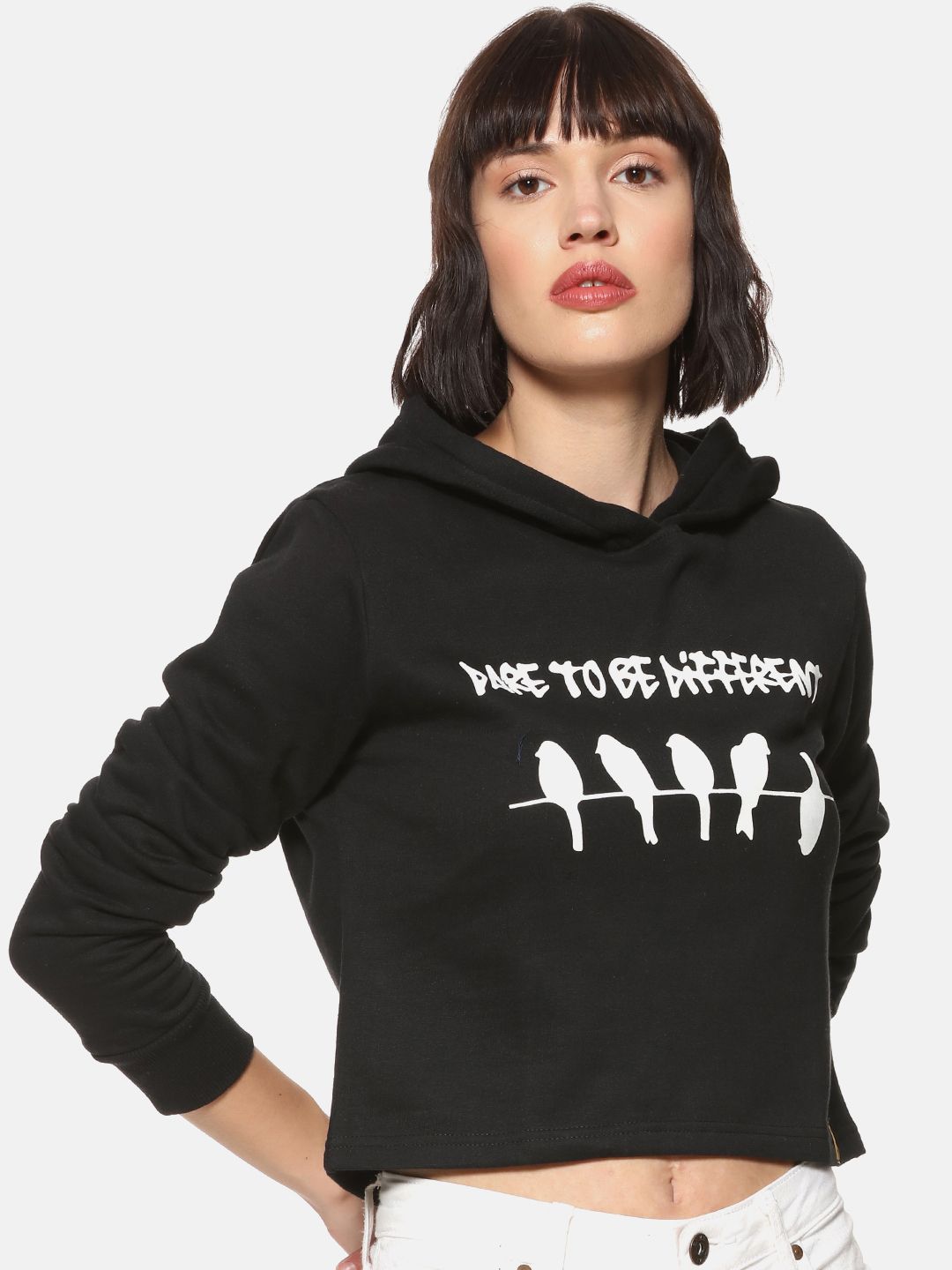 Campus Sutra Women Black Printed Hooded Sweatshirt Price in India