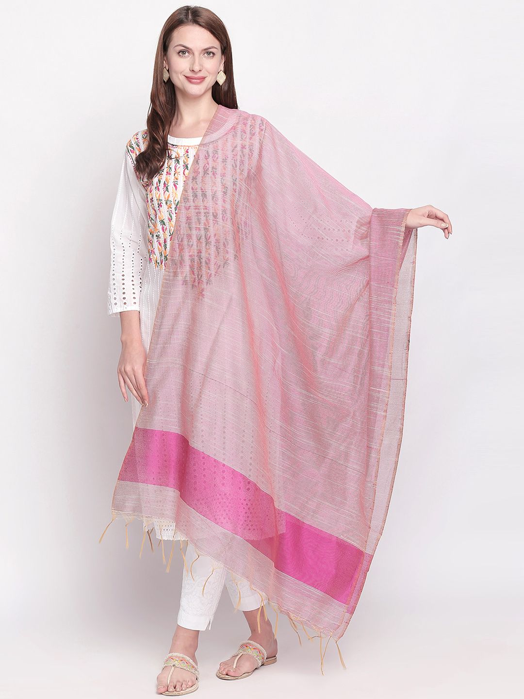Dupatta Bazaar Pink & Gold-Toned Woven Design Dupatta Price in India