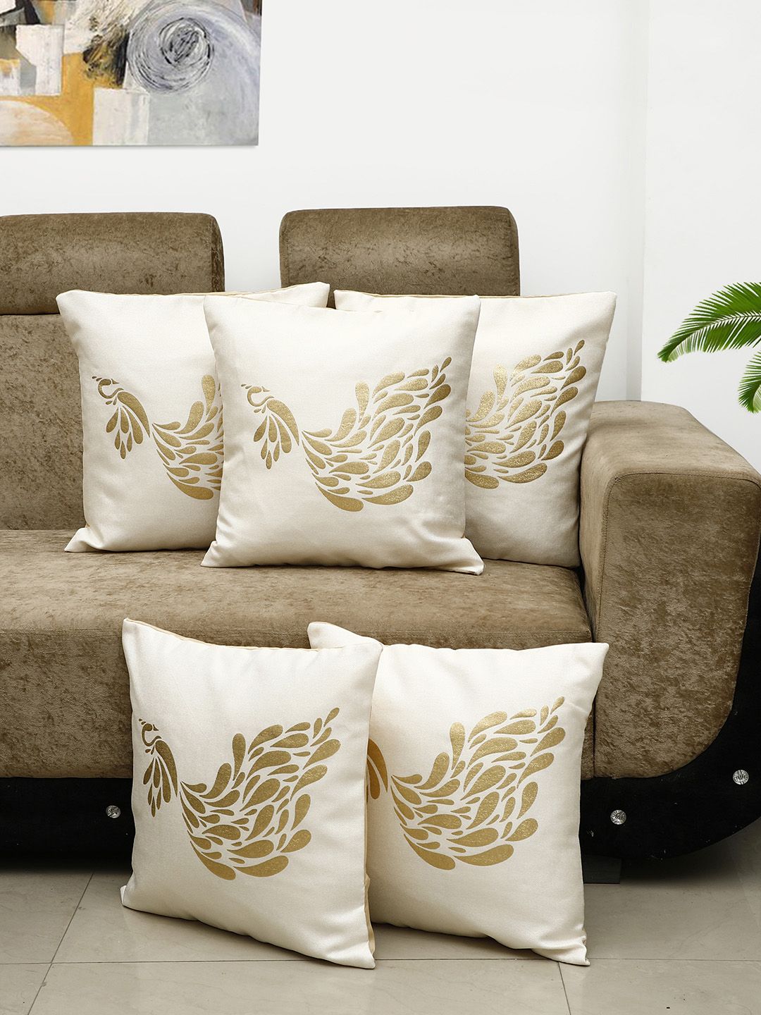 HOSTA HOMES Cream-Coloured Set of 5 Self Design Square Cushion Covers Price in India