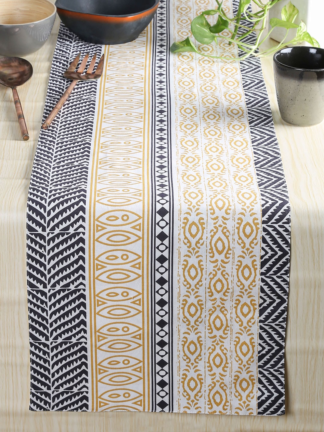 House This Yellow & Black Printed Nakshi Table Runner Price in India