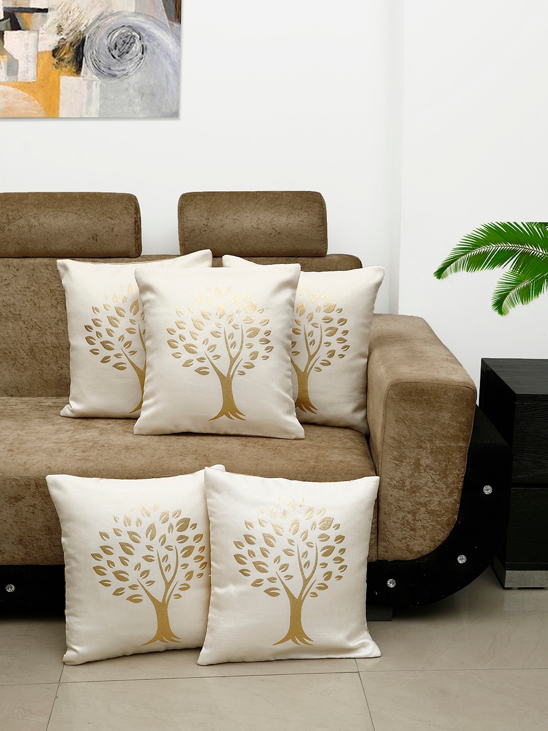 HOSTA HOMES Cream-Coloured & Gold-Toned Set of 5 Foil Printed  Square Cushion Covers Price in India