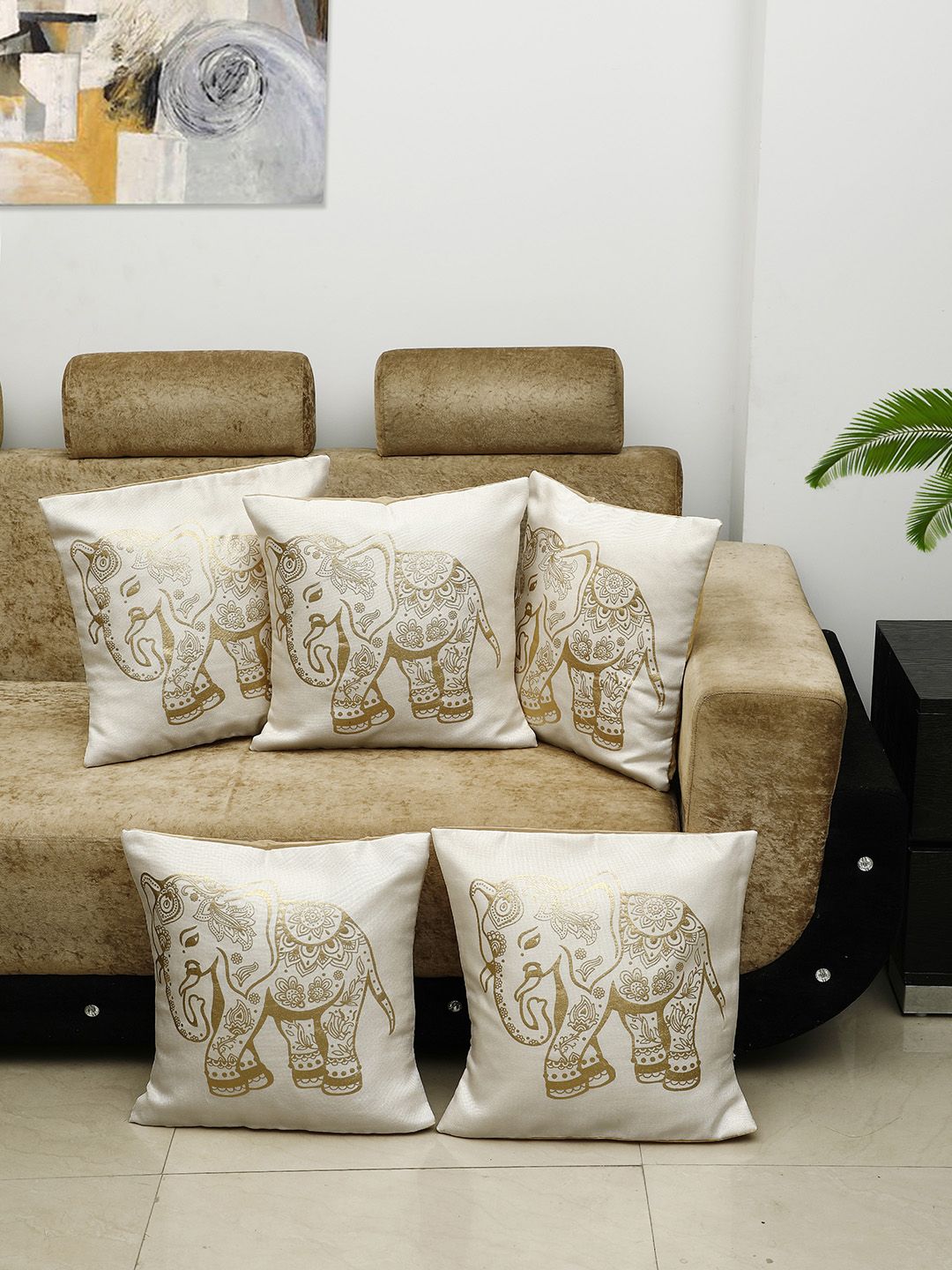 HOSTA HOMES Cream-Coloured Set of 5 Foil Printed Square Cushion Covers Price in India