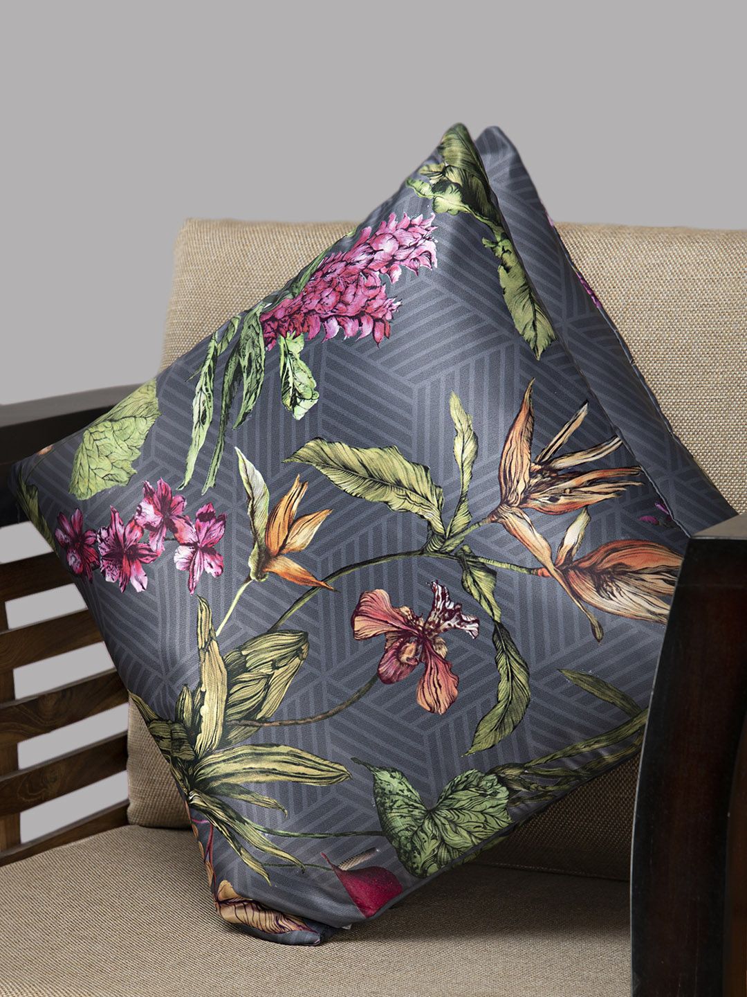 HOUZZCODE Grey & Green Set of Single Floral Square Cushion Covers Price in India
