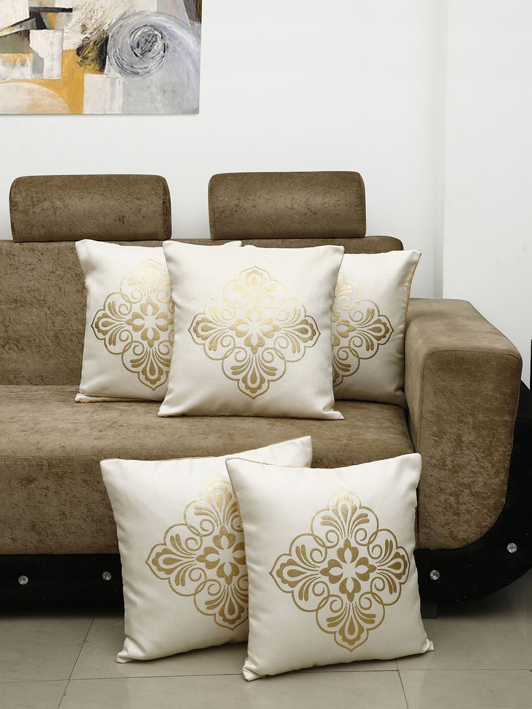 HOSTA HOMES Cream-Coloured Set of 5 Self Design Square Cushion Covers Price in India