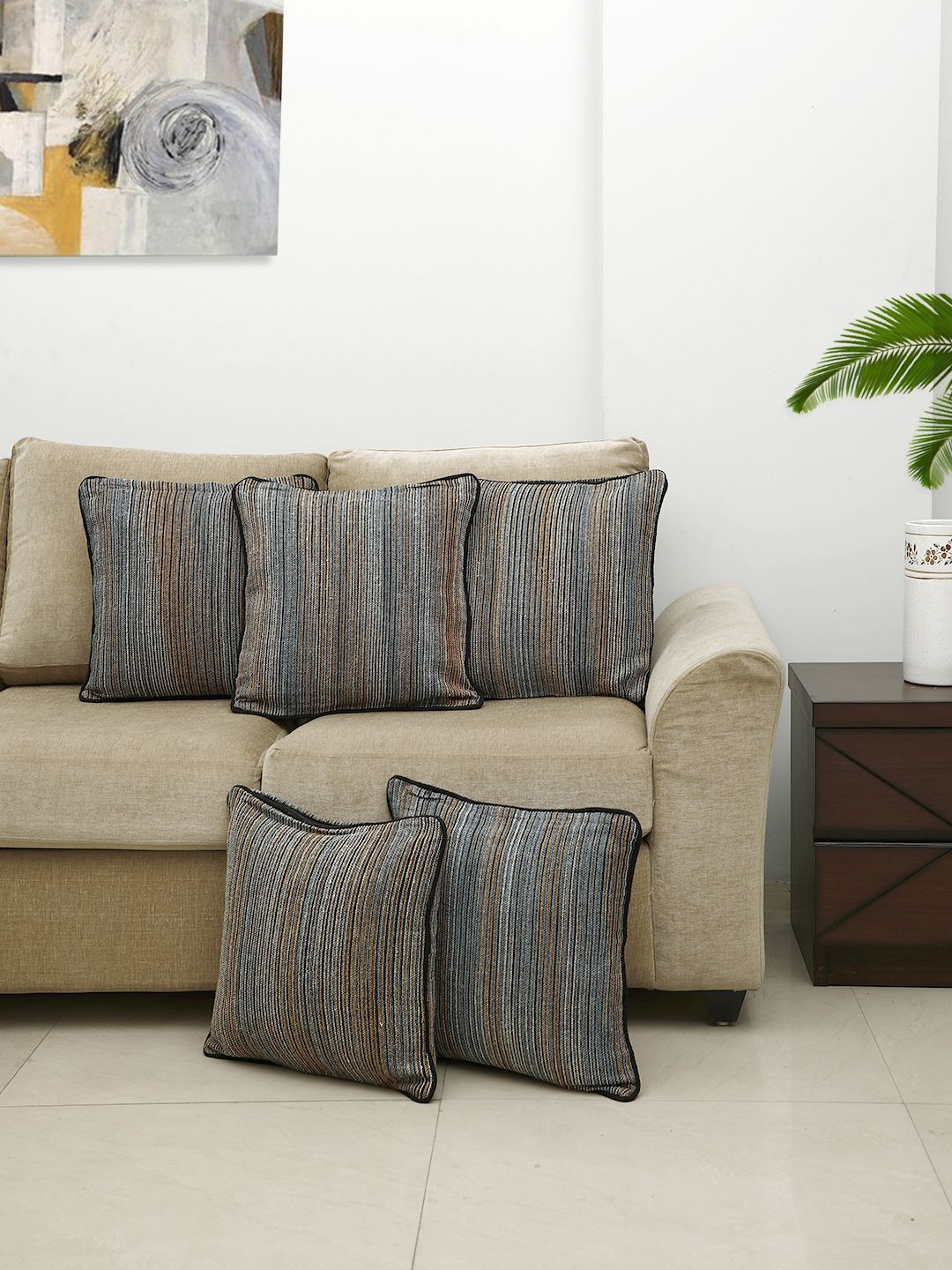 HOSTA HOMES Multicoloured Set of 5 Self Design Square Cushion Covers Price in India