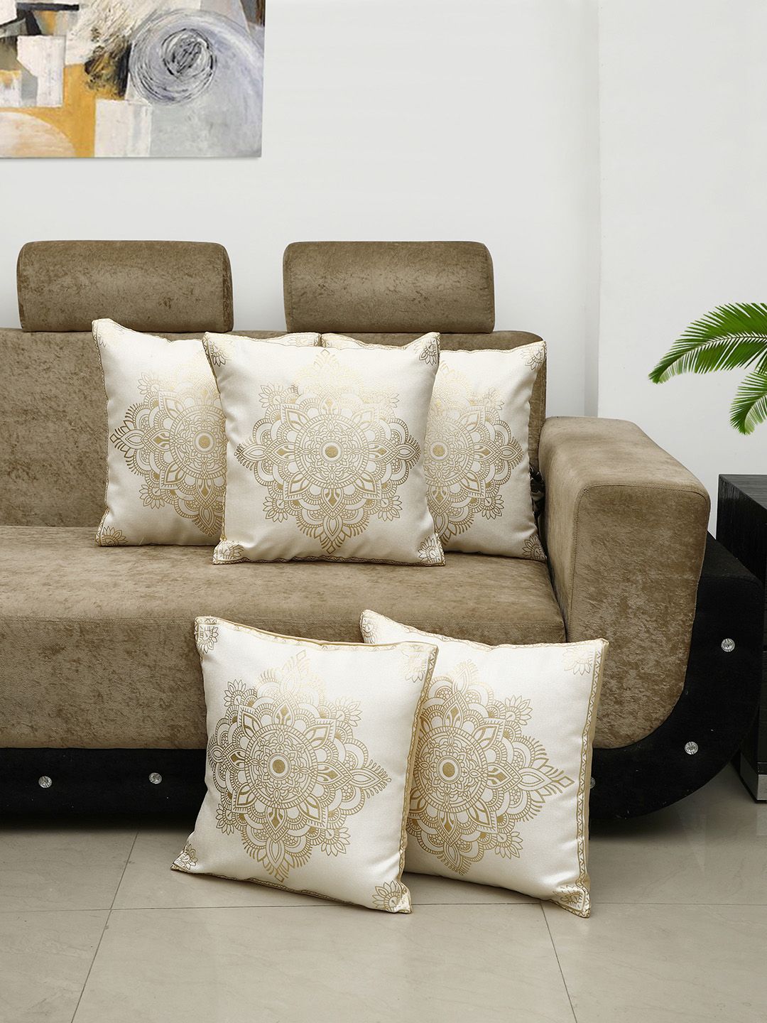 HOSTA HOMES Cream-Coloured & Gold-Toned Set of 5 Foil Printed Square Cushion Covers Price in India