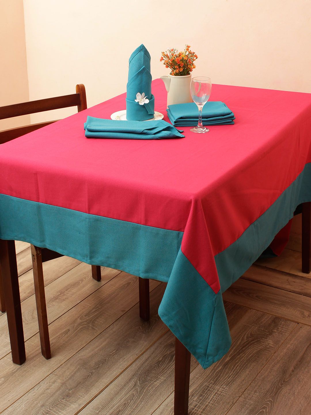 Soumya Pink & Blue Table Cover With Set of 6 Napkins Price in India