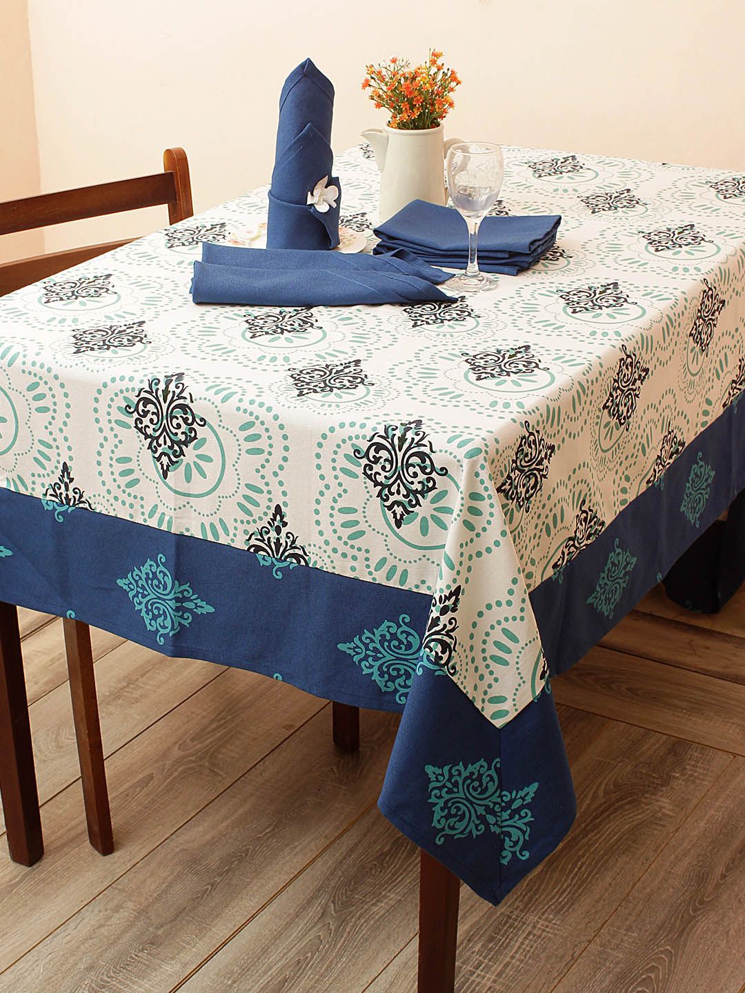 Soumya Blue & White Printed Table Cover With Set of 6 Napkins Price in India