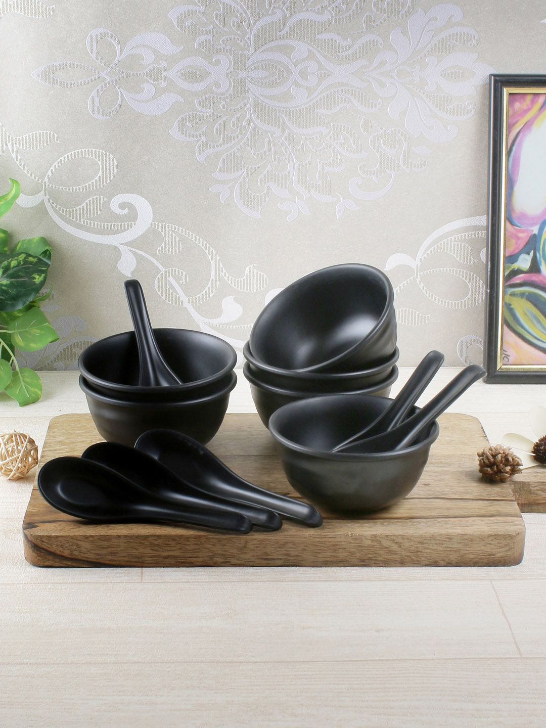 Servewell Black Set of 6 Solid Melamine Soup Bowls with Spoons Price in India