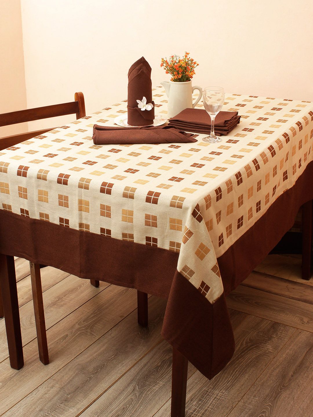 Soumya Beige & Brown Printed Table Cover With Set of 6 Napkins Price in India