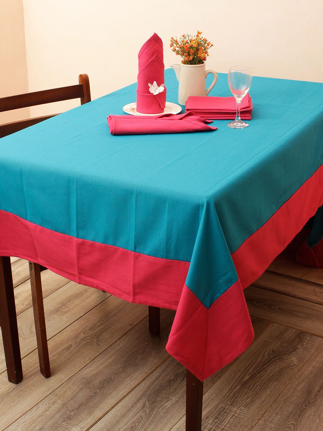 Soumya Turquoise Blue & Pink Table Cover With Set of 6 Napkins Price in India