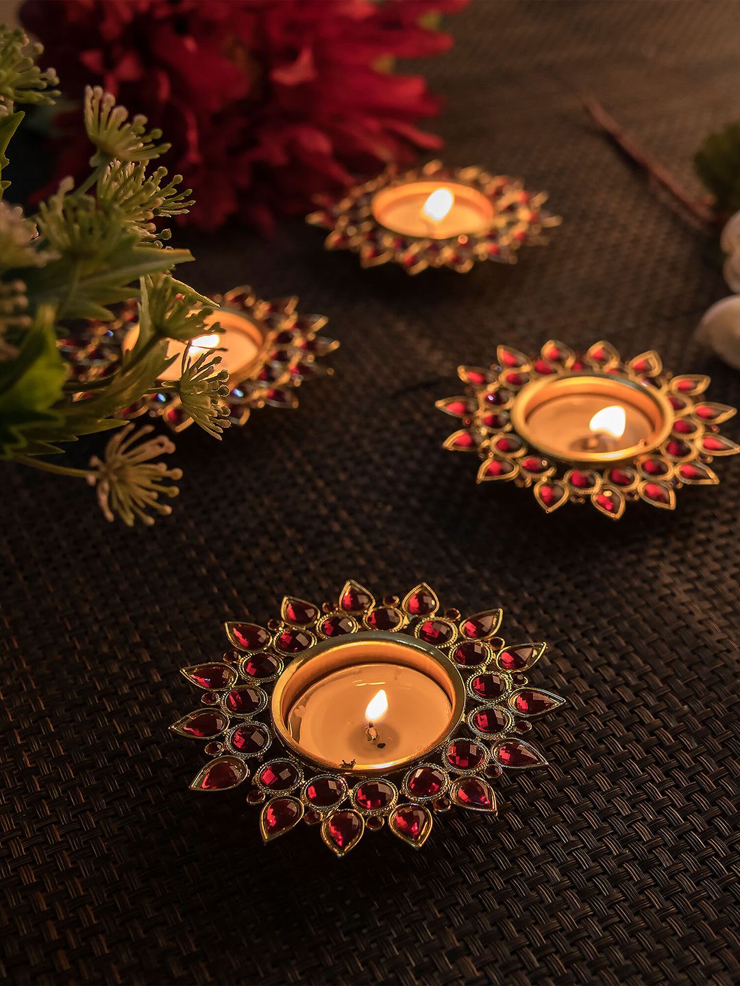 Homesake Set of 4 Red & Gold-Toned Crystal Candle Holders With T-Light Price in India