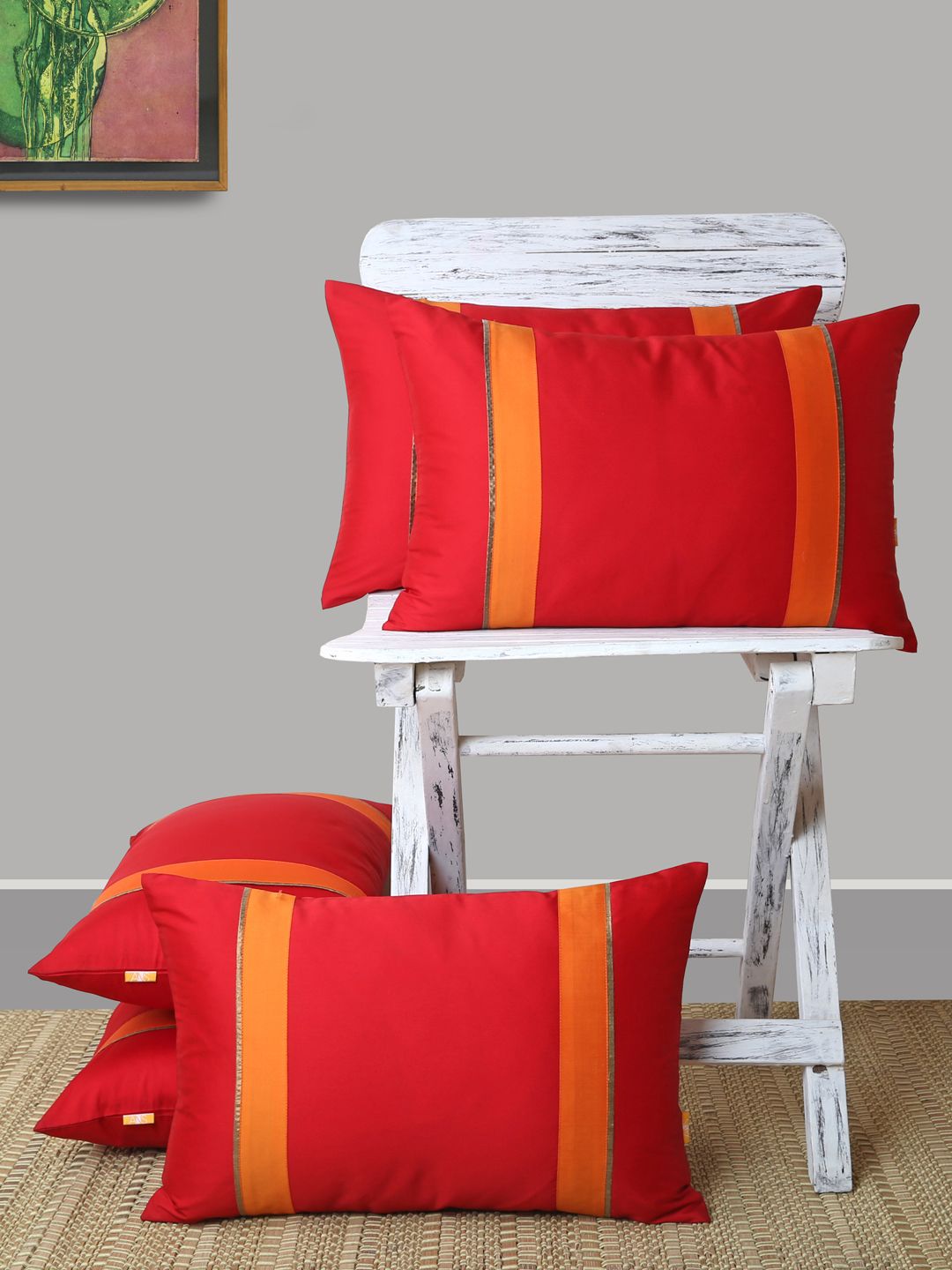 ANS Red & Orange Set of 5 Striped Rectangle Cushion Covers Price in India